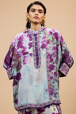 Lavender & Pale Denim Silk Tunic by Rajdeep Ranawat