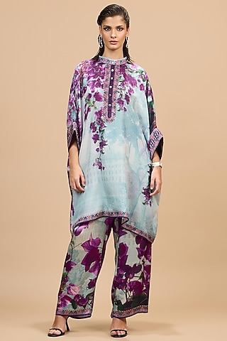 Lavender & Pale Denim Modal Satin Printed Pants by Rajdeep Ranawat