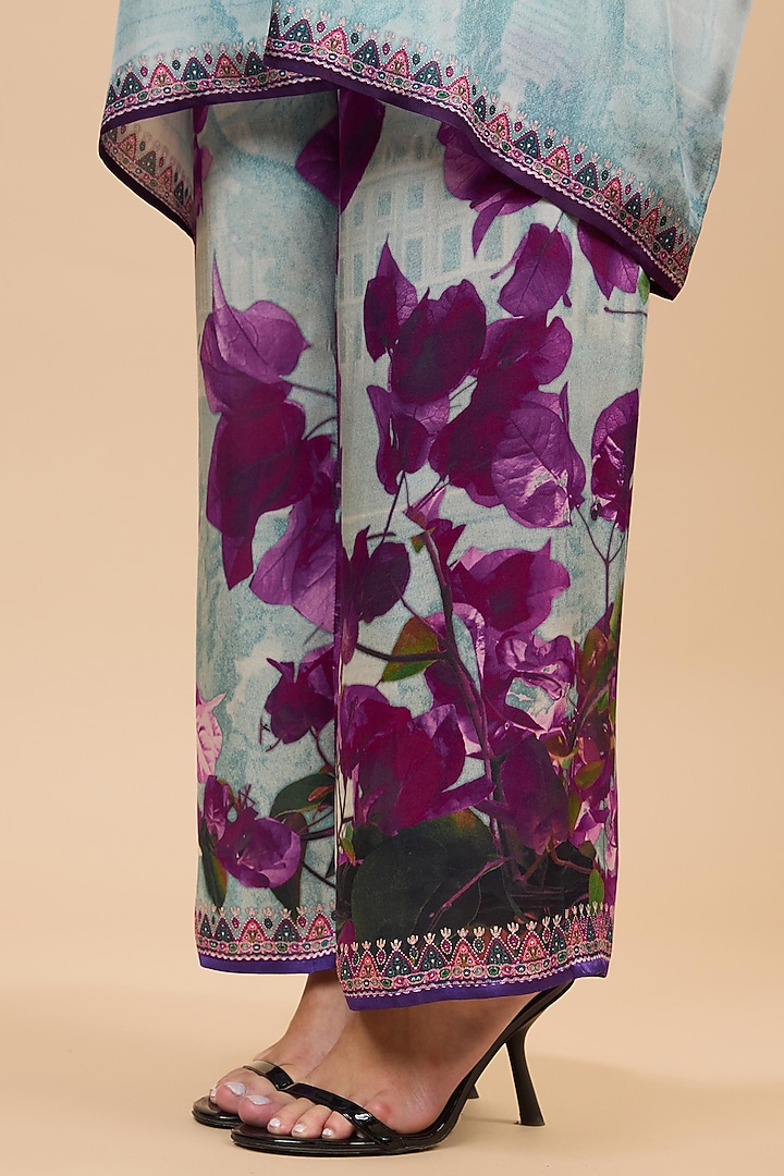 Lavender & Pale Denim Modal Satin Printed Pants by Rajdeep Ranawat at Pernia's Pop Up Shop