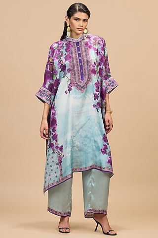 Lavender & Pale Denim Silk Tunic by Rajdeep Ranawat