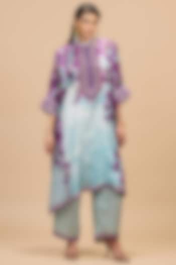 Lavender & Pale Denim Modal Satin Printed Pants by Rajdeep Ranawat at Pernia's Pop Up Shop