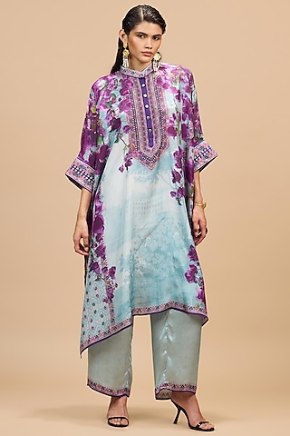 Lavender & Pale Denim Modal Satin Printed Pants by Rajdeep Ranawat