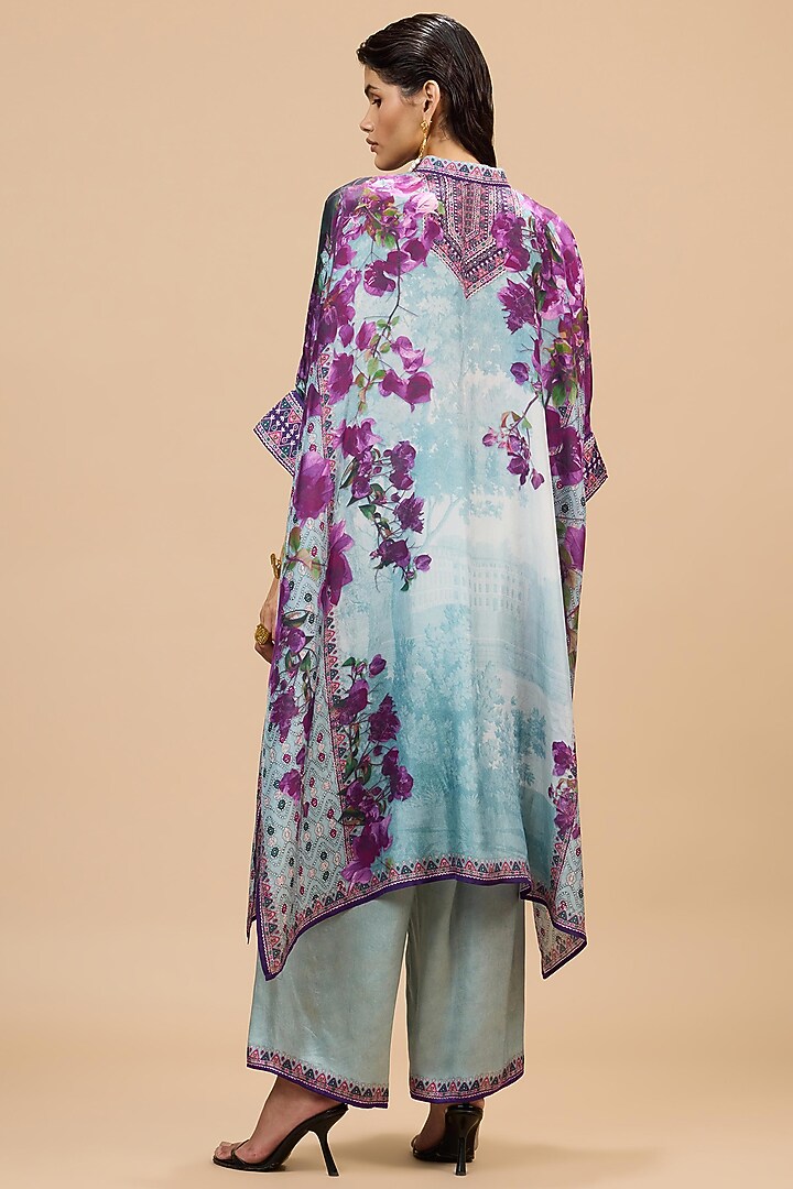 Lavender & Pale Denim Modal Satin Printed Pants by Rajdeep Ranawat at Pernia's Pop Up Shop