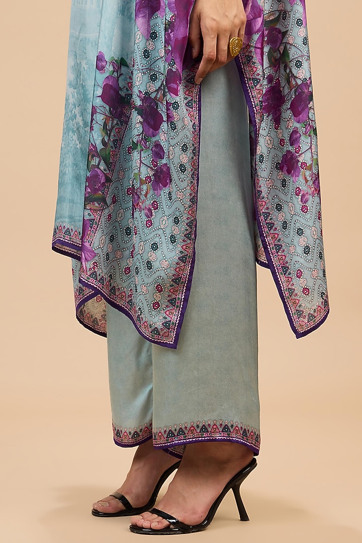 Lavender & Pale Denim Modal Satin Printed Pants by Rajdeep Ranawat at Pernia's Pop Up Shop