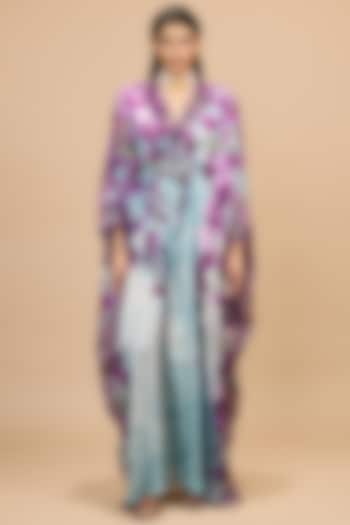Lavender & Pale Denim Silk Printed Kaftan by Rajdeep Ranawat at Pernia's Pop Up Shop