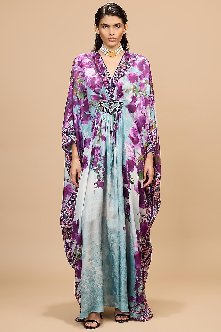Lavender & Pale Denim Silk Printed Kaftan by Rajdeep Ranawat at Pernia's Pop Up Shop
