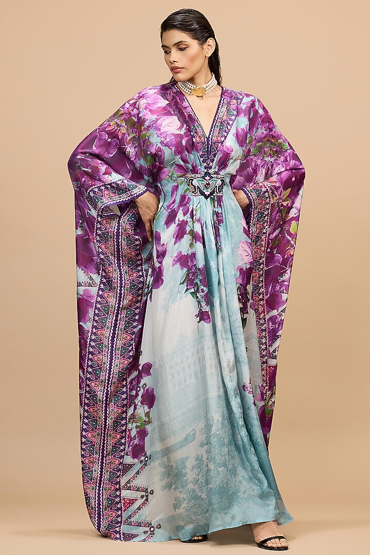 Lavender & Pale Denim Silk Printed Kaftan by Rajdeep Ranawat at Pernia's Pop Up Shop