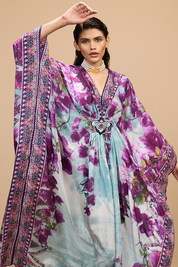 Lavender & Pale Denim Silk Printed Kaftan by Rajdeep Ranawat at Pernia's Pop Up Shop