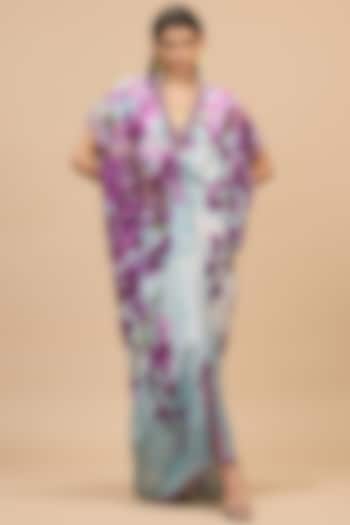 Lavender & Pale Denim Silk Printed Vacation Dress by Rajdeep Ranawat at Pernia's Pop Up Shop