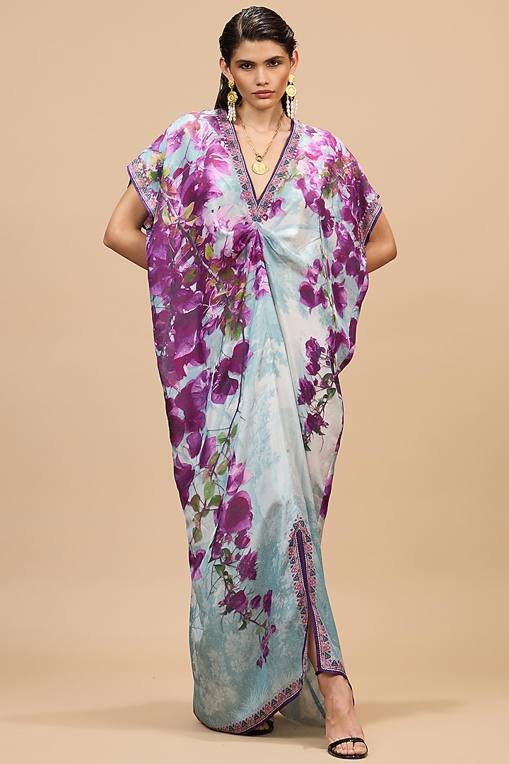 Lavender & Pale Denim Silk Printed Vacation Dress by Rajdeep Ranawat at Pernia's Pop Up Shop