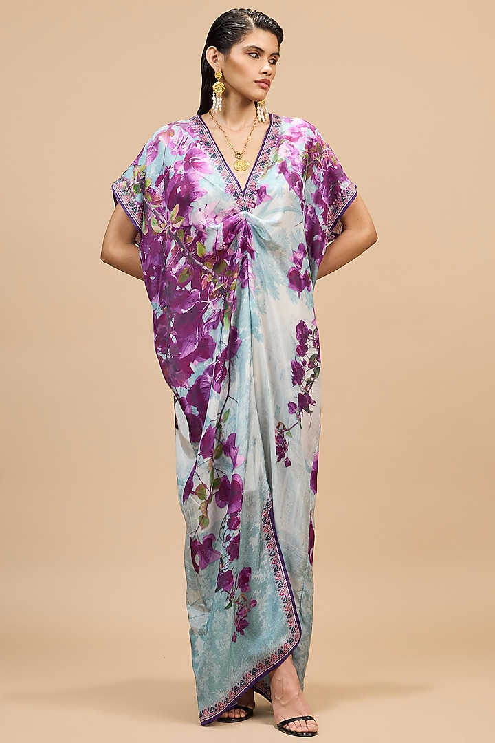 Lavender & Pale Denim Silk Printed Vacation Dress by Rajdeep Ranawat at Pernia's Pop Up Shop