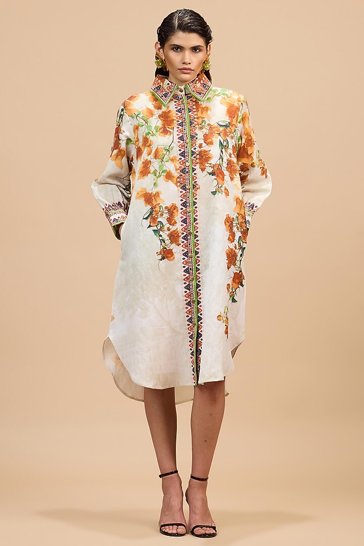 Mustard & Poly Gold Cotton Linen Printed Cocktail Shirt Dress by Rajdeep Ranawat at Pernia's Pop Up Shop