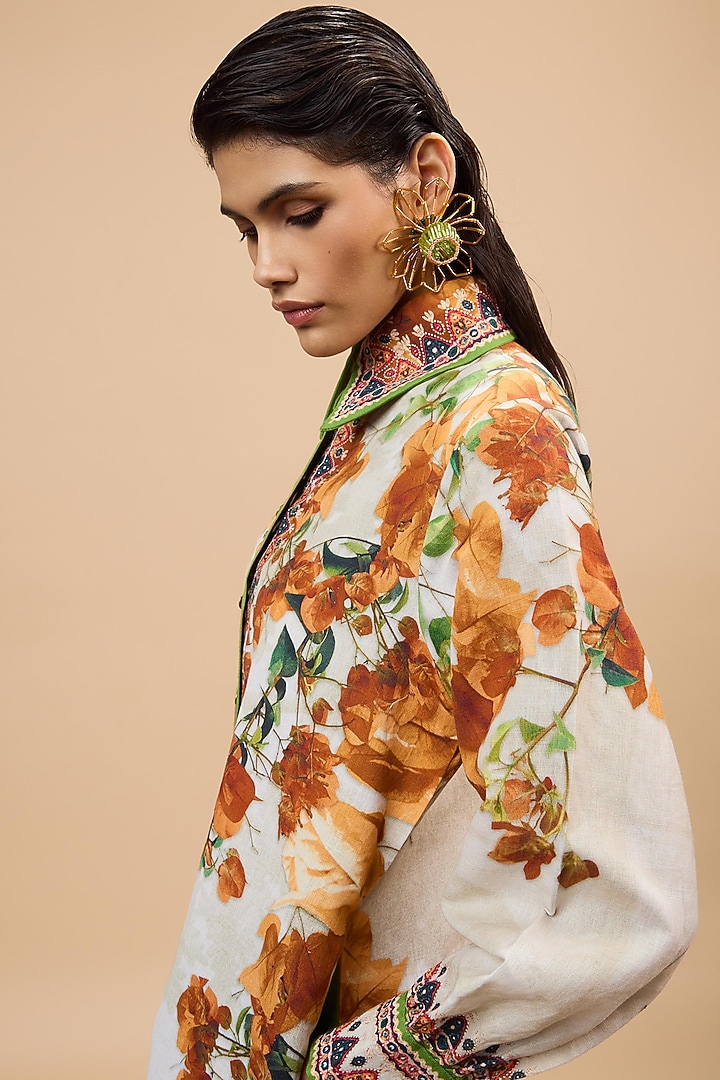 Mustard & Poly Gold Cotton Linen Printed Cocktail Shirt Dress by Rajdeep Ranawat at Pernia's Pop Up Shop