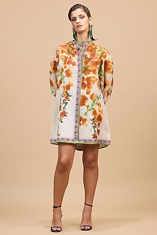 Mustard & Poly Gold Cotton Linen A-Line Printed Dress by Rajdeep Ranawat