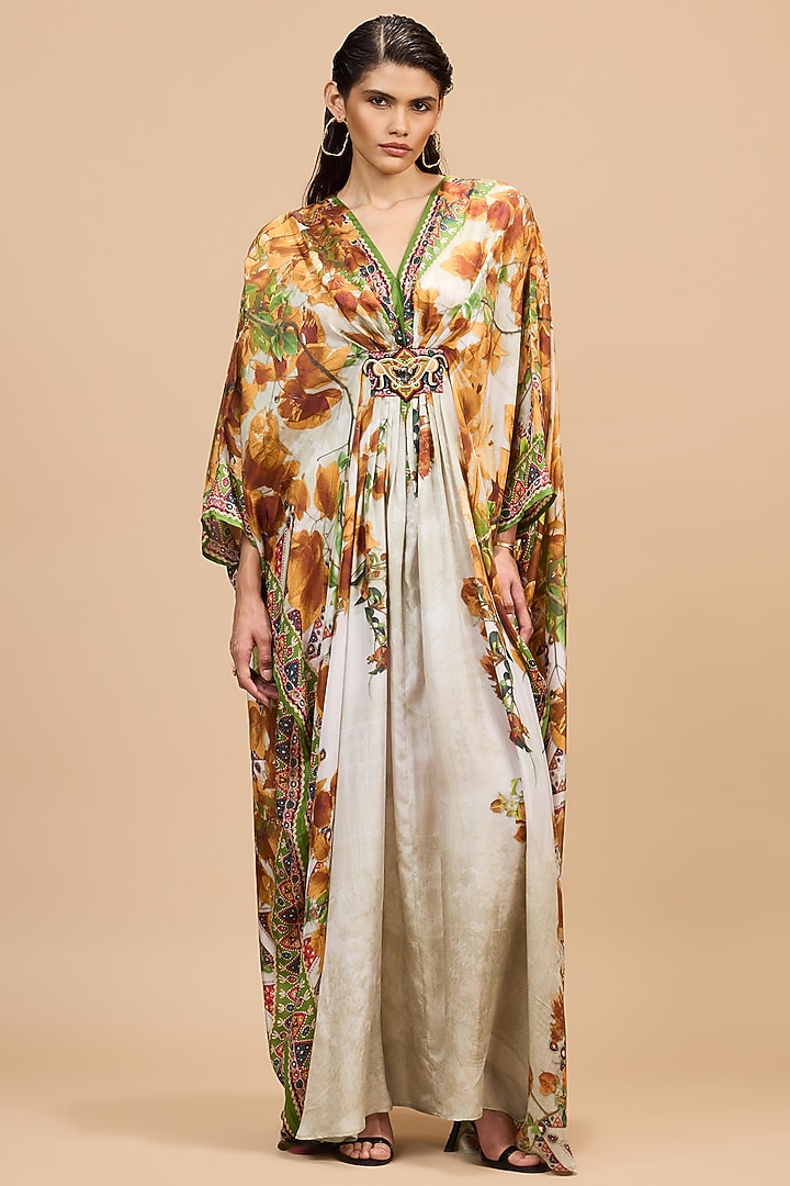 Mustard & Poly Gold Silk Printed Kaftan by Rajdeep Ranawat at Pernia's Pop Up Shop