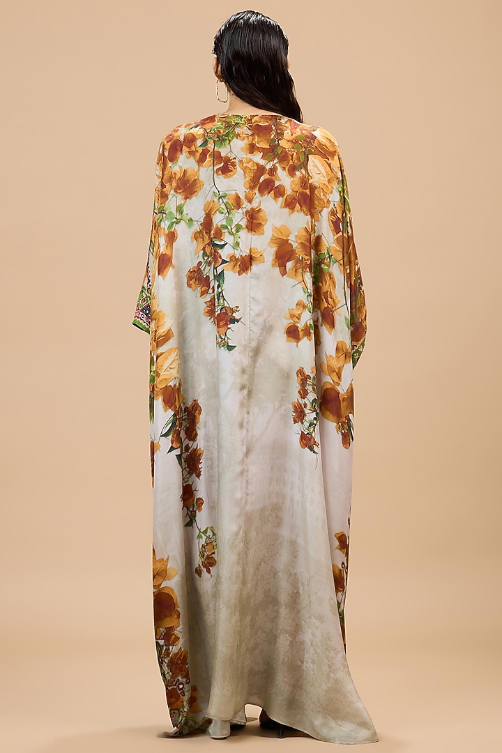 Mustard & Poly Gold Silk Printed Kaftan by Rajdeep Ranawat at Pernia's Pop Up Shop
