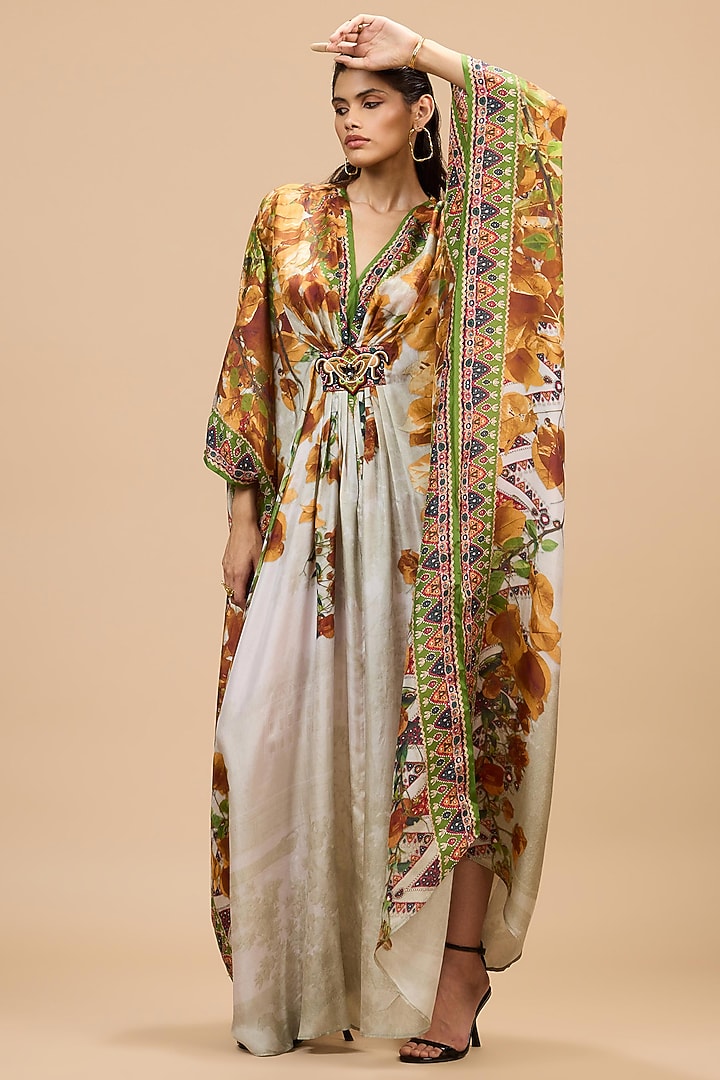 Mustard & Poly Gold Silk Printed Kaftan by Rajdeep Ranawat at Pernia's Pop Up Shop