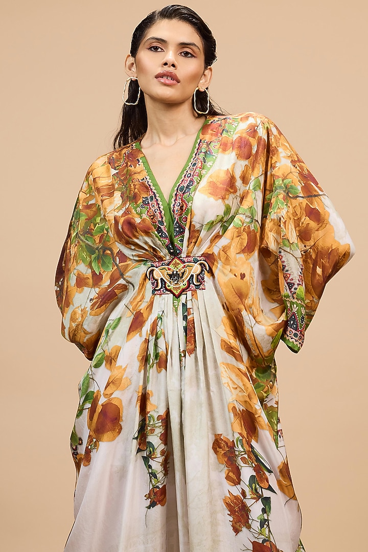 Mustard & Poly Gold Silk Printed Kaftan by Rajdeep Ranawat at Pernia's Pop Up Shop