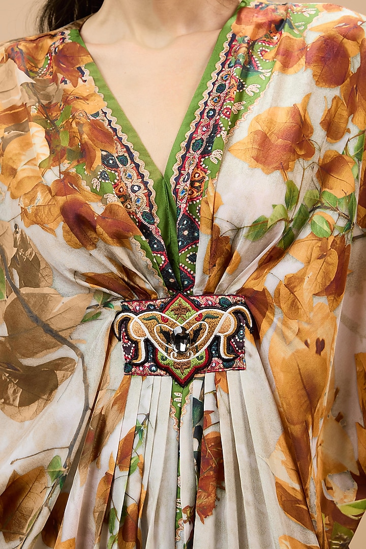 Mustard & Poly Gold Silk Printed Kaftan by Rajdeep Ranawat at Pernia's Pop Up Shop
