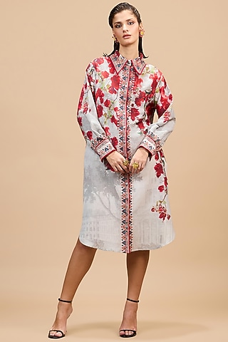 Red & Pale Grey Cotton Linen Printed Shirt Dress by Rajdeep Ranawat