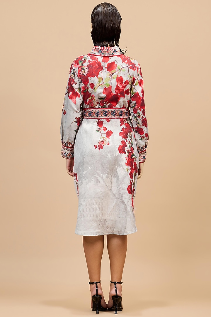 Red & Pale Grey Cotton Linen Printed Cocktail Shirt Dress by Rajdeep Ranawat at Pernia's Pop Up Shop