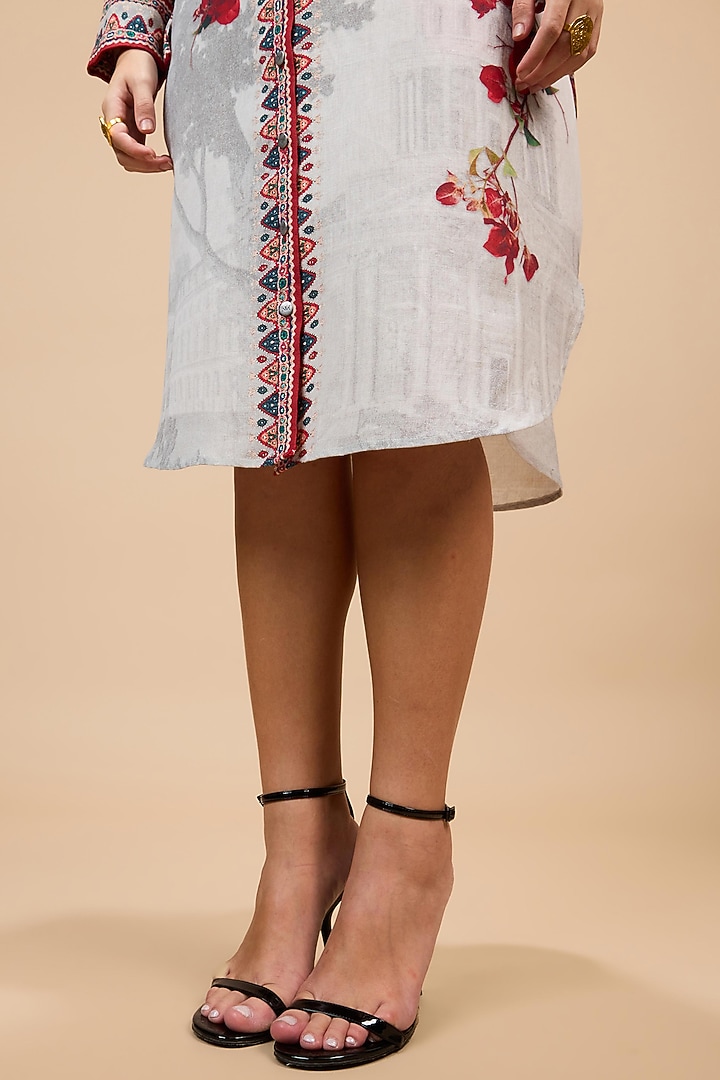 Red & Pale Grey Cotton Linen Printed Cocktail Shirt Dress by Rajdeep Ranawat at Pernia's Pop Up Shop