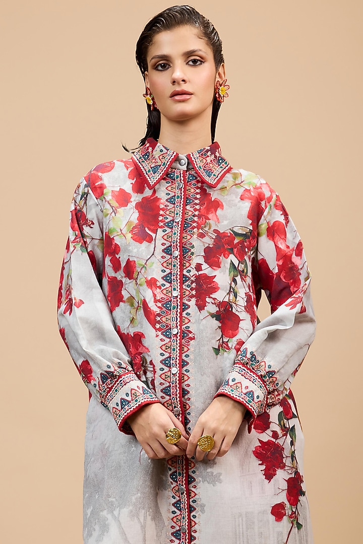 Red & Pale Grey Cotton Linen Printed Cocktail Shirt Dress by Rajdeep Ranawat at Pernia's Pop Up Shop