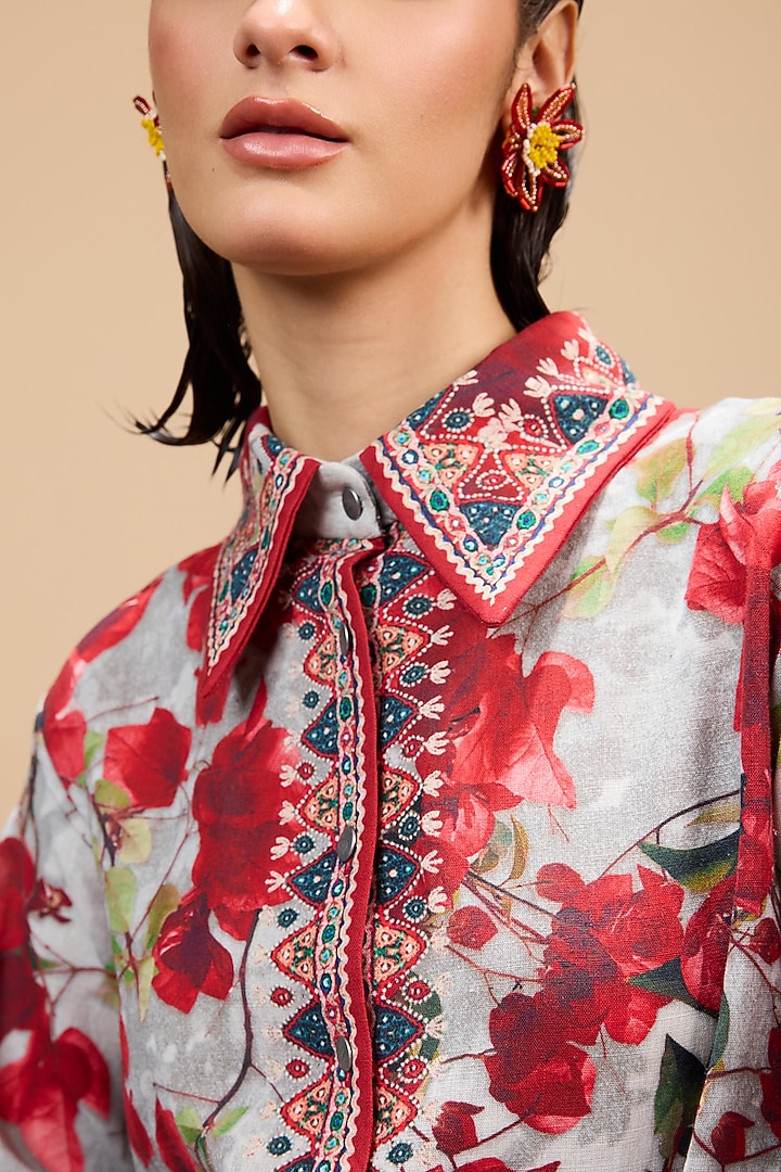 Red & Pale Grey Cotton Linen Printed Cocktail Shirt Dress by Rajdeep Ranawat at Pernia's Pop Up Shop