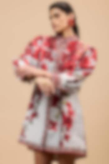 Red & Pale Grey Cotton Linen A-Line Vacation Dress by Rajdeep Ranawat at Pernia's Pop Up Shop