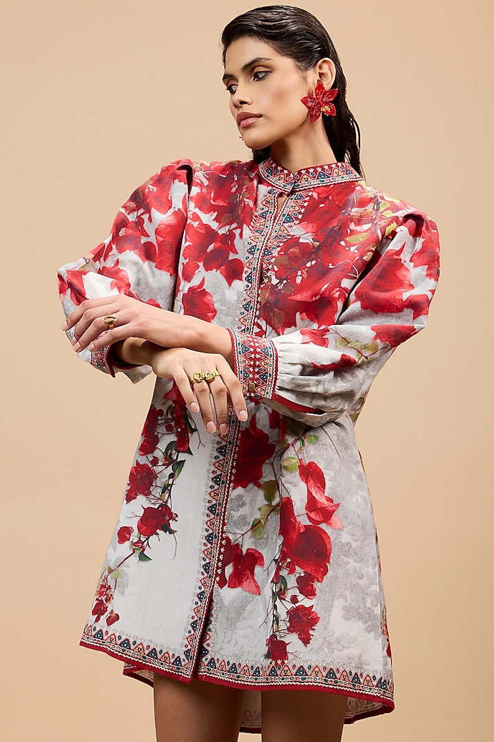 Red & Pale Grey Cotton Linen A-Line Vacation Dress by Rajdeep Ranawat at Pernia's Pop Up Shop