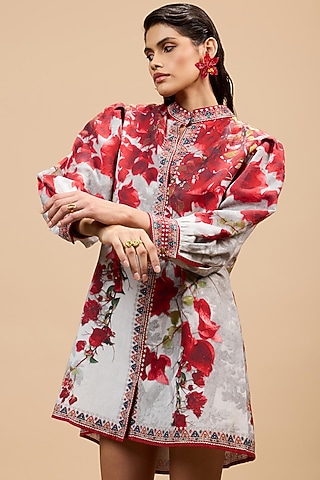 Red & Pale Grey Cotton Linen A-Line Dress by Rajdeep Ranawat