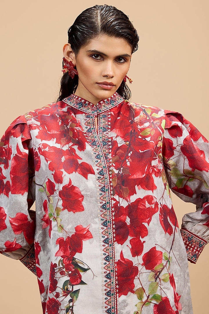 Red & Pale Grey Cotton Linen A-Line Vacation Dress by Rajdeep Ranawat at Pernia's Pop Up Shop