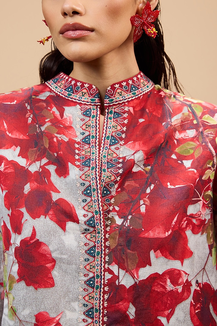 Red & Pale Grey Cotton Linen A-Line Vacation Dress by Rajdeep Ranawat at Pernia's Pop Up Shop