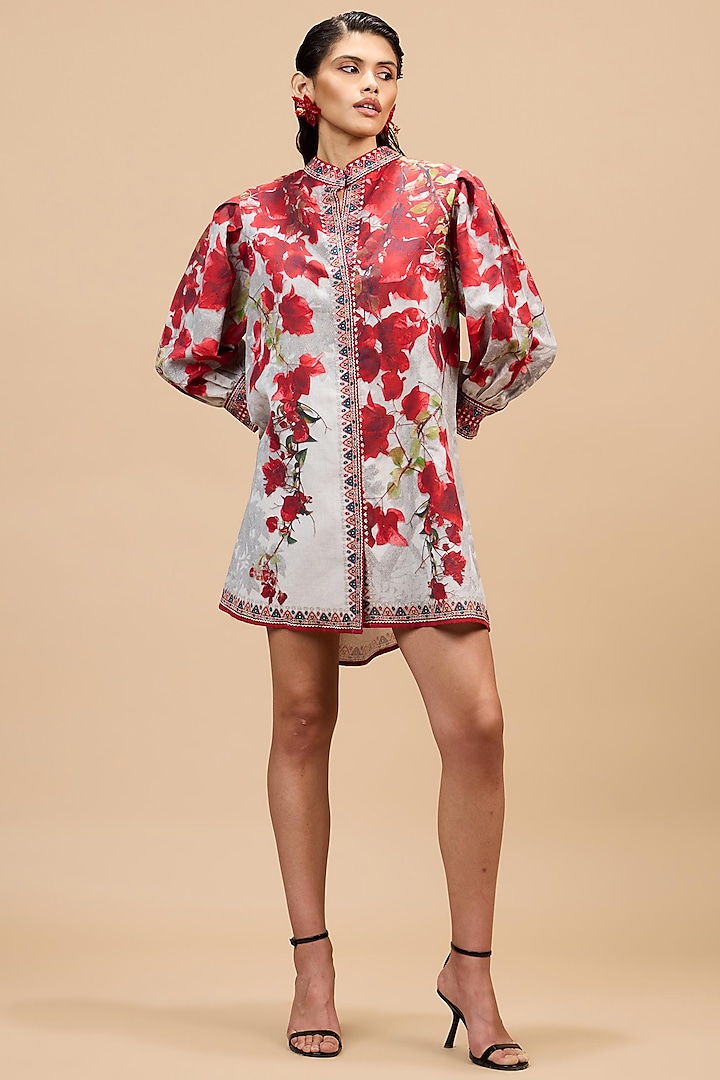 Red & Pale Grey Cotton Linen A-Line Vacation Dress by Rajdeep Ranawat at Pernia's Pop Up Shop