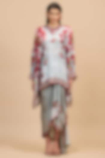 Red & Pale Grey Cotton Linen Printed Draped Skirt Set by Rajdeep Ranawat at Pernia's Pop Up Shop