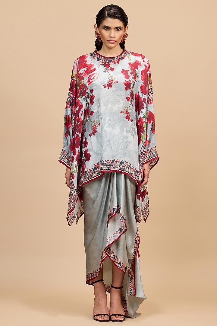 Red & Pale Grey Cotton Linen Printed Draped Skirt Set by Rajdeep Ranawat at Pernia's Pop Up Shop