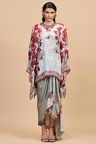 Red & Pale Grey Cotton Linen Printed Draped Skirt Set by Rajdeep Ranawat
