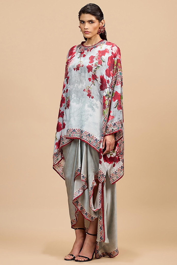 Red & Pale Grey Cotton Linen Printed Draped Skirt Set by Rajdeep Ranawat at Pernia's Pop Up Shop