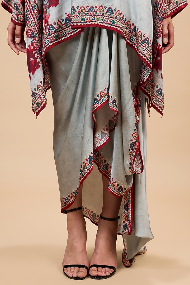 Red & Pale Grey Cotton Linen Printed Draped Skirt Set by Rajdeep Ranawat at Pernia's Pop Up Shop