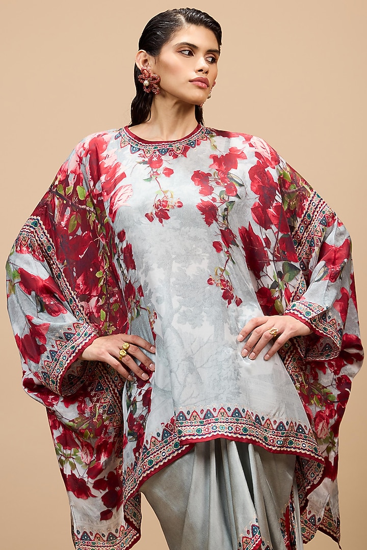 Red & Pale Grey Cotton Linen Printed Draped Skirt Set by Rajdeep Ranawat at Pernia's Pop Up Shop