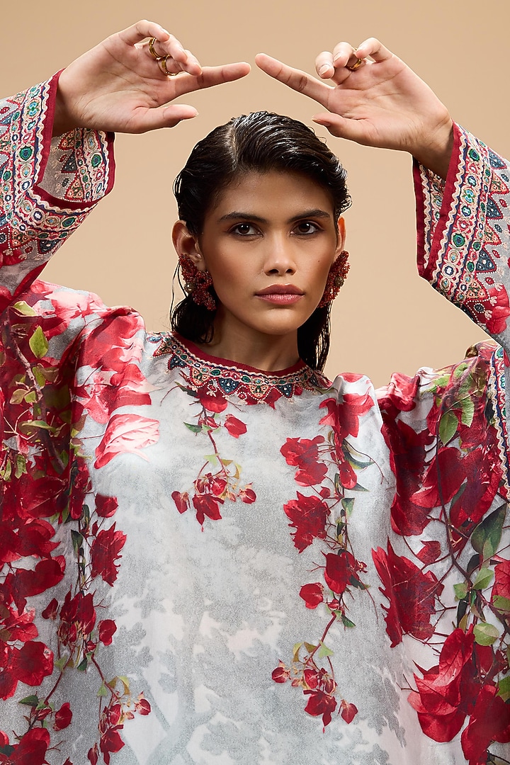 Red & Pale Grey Cotton Linen Printed Draped Skirt Set by Rajdeep Ranawat at Pernia's Pop Up Shop