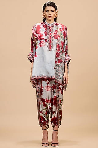 Red & Pale Grey Silk Tunic by Rajdeep Ranawat