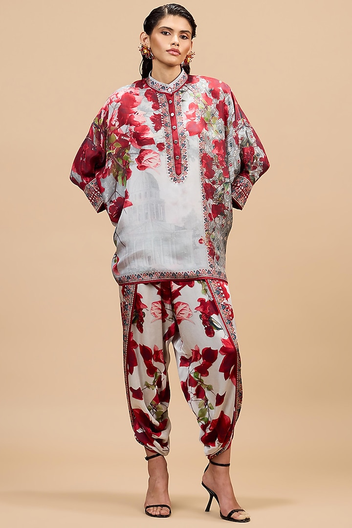 Red & Pale Grey Modal Satin Dhoti by Rajdeep Ranawat at Pernia's Pop Up Shop