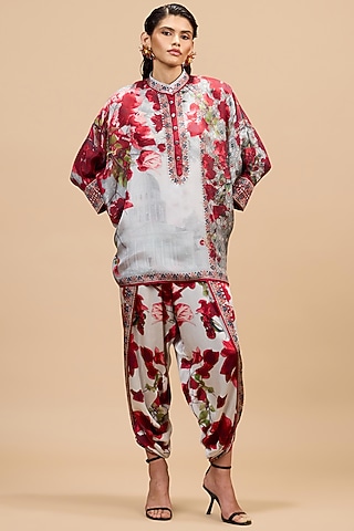 Red & Pale Grey Modal Satin Dhoti by Rajdeep Ranawat