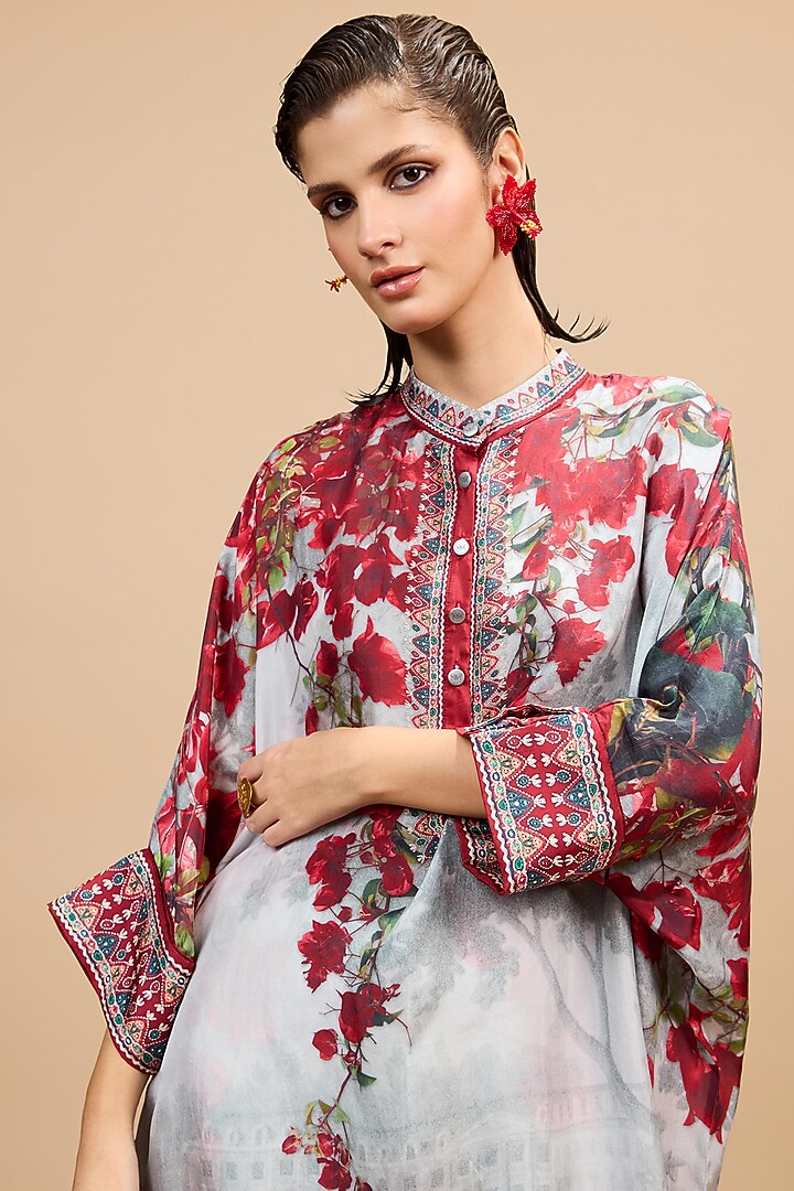 Red & Pale Grey Silk Tunic by Rajdeep Ranawat at Pernia's Pop Up Shop