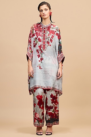 Red & Pale Grey Modal Satin Pants by Rajdeep Ranawat