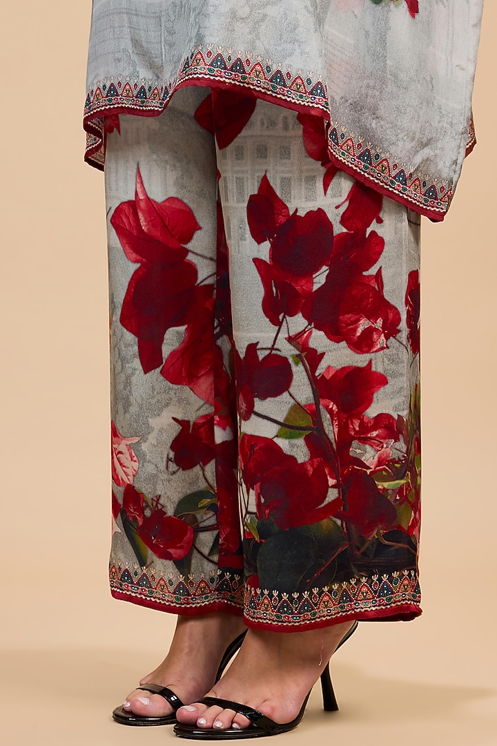 Red & Pale Grey Modal Satin Pants by Rajdeep Ranawat at Pernia's Pop Up Shop