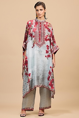 Red & Pale Grey Silk Tunic by Rajdeep Ranawat