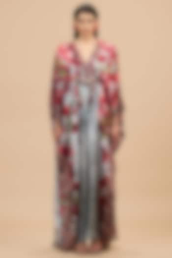 Red & Pale Grey Silk Printed Kaftan by Rajdeep Ranawat at Pernia's Pop Up Shop
