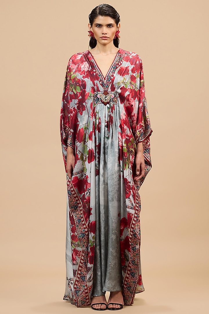 Red & Pale Grey Silk Printed Kaftan by Rajdeep Ranawat at Pernia's Pop Up Shop